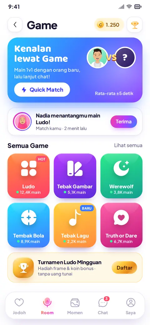 Pusat game dengan Quick Match dan daftar permainan
