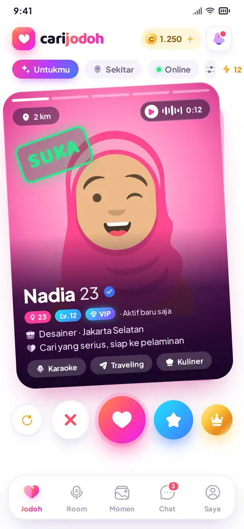 Layar Jodoh: kartu profil dengan tombol suka, lewati, dan super like