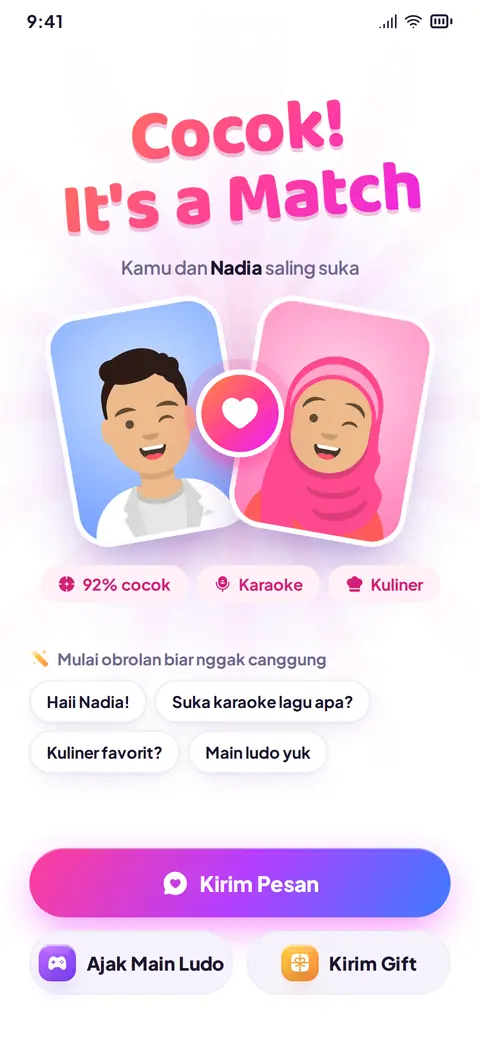 Layar It's a Match dengan pembuka obrolan