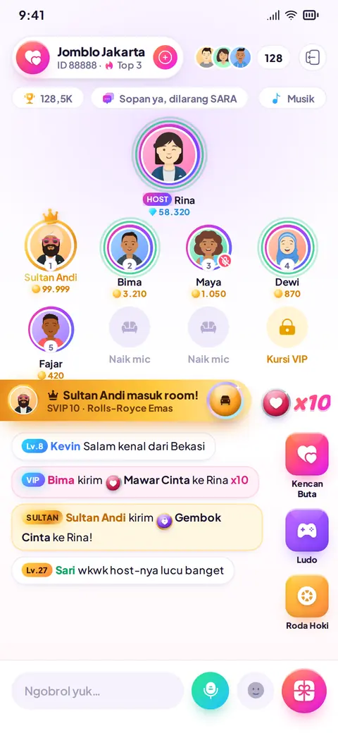 Layar voice room dengan kursi mic dan chat